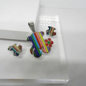 Stainless Steel Colorful Stripy Bear pendant and earrings set NICE
