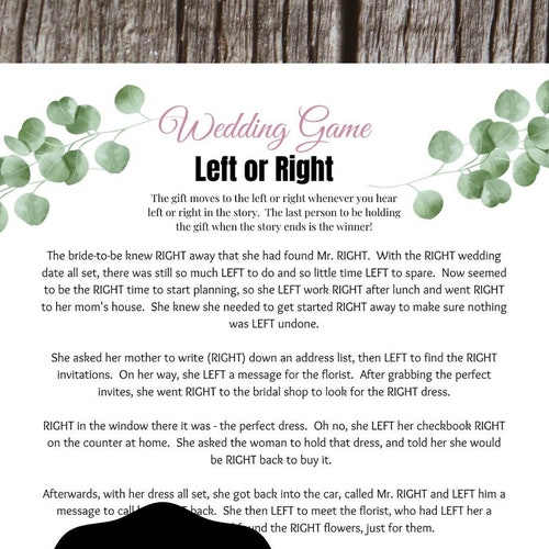Left or Right Bridal Shower Game Unique Bridal Shower Games Etsy