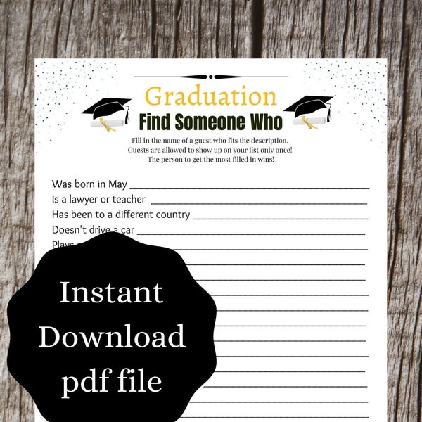 Find Someone Who Graduation Party Game | Unique Graduate Games | Printable Grad Game | FREE Printable Game with purchase | Cap and Gown