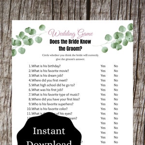 Does The Bride Know The Groom Bridal Shower Game | Unique Bridal Shower Games | Wedding Games | FREE Printable Game w purchase | Eucalyptus