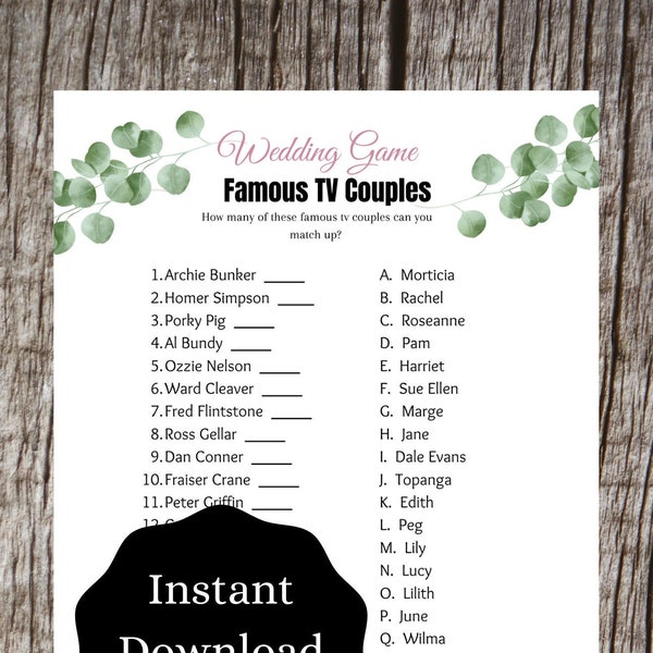 Famous TV Couples Bridal Shower Game | Unique Bridal Shower Games | Printable Wedding Game | FREE Printable Game with purchase | Eucalyptus