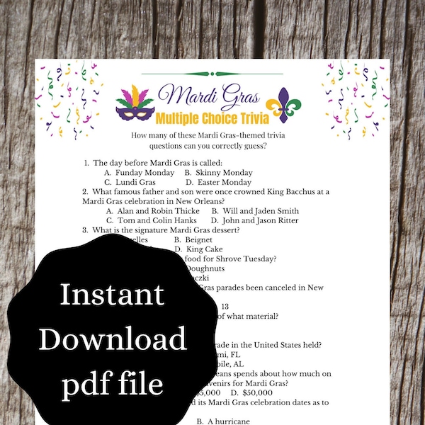 Mardi Gras Multiple Choice Trivia Questions | Mardi Gras Party Games | Printable Mardi Gras Game | FREE Game With Purchase!