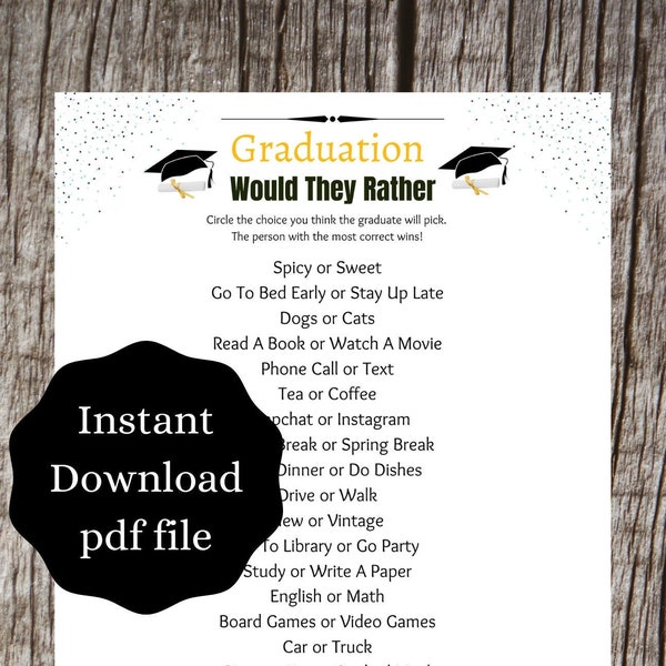 Would They Rather Graduation Game | Unique Graduate Games | Printable Grad Games | FREE Printable Game with purchase | Cap and Gown Design