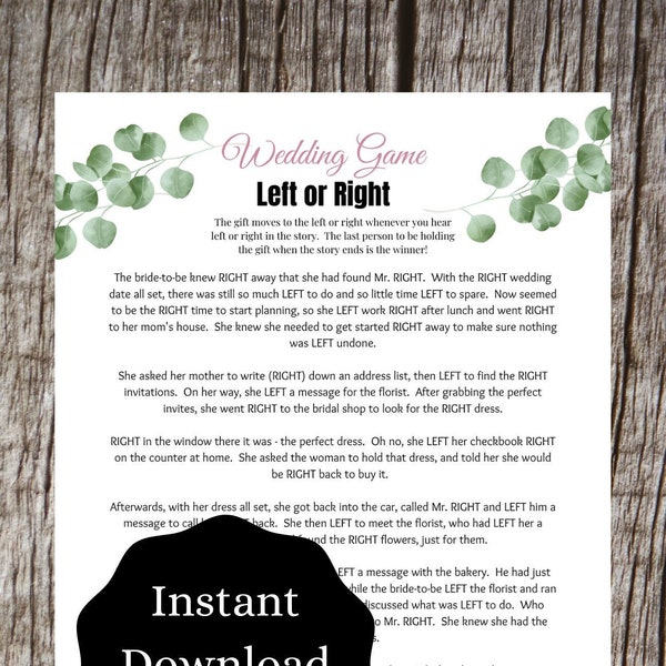 Left or Right Bridal Shower Game | Unique Bridal Shower Games | Printable Wedding Game | FREE Printable Game with purchase | Eucalyptus