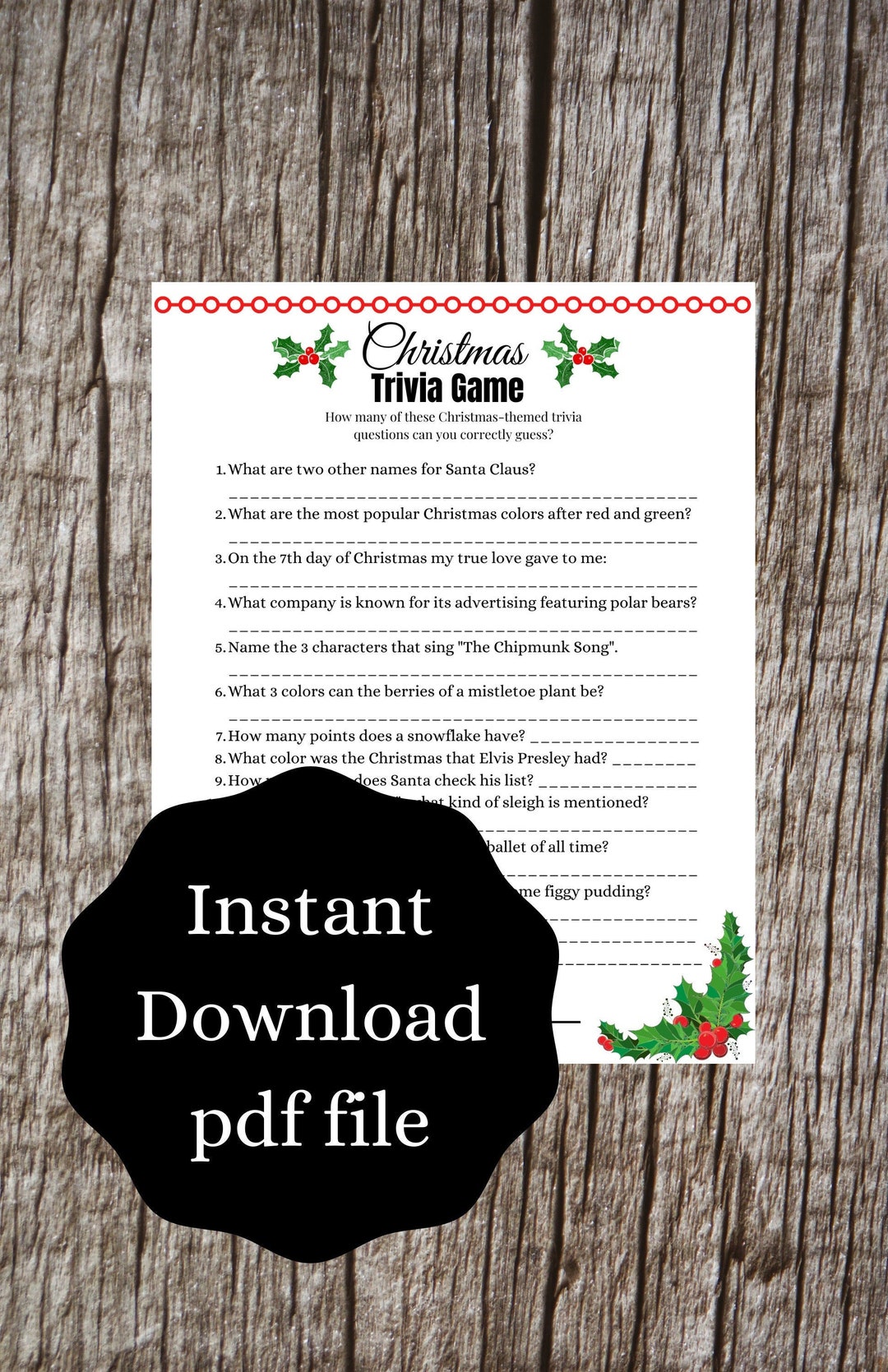 Christmas Trivia Printable Family Game Adult Kids Printable Family