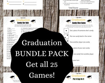 25 GRADUATION Graduate Games Bundle Party Pack | Unique Grad Party Games | Class of 2023 Party Game | Cap and Gown Design