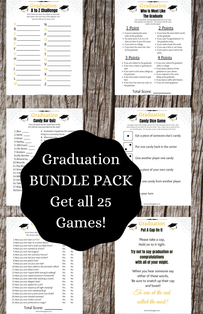 25 GRADUATION Graduate Games Bundle Party Pack Unique Grad Party Games Class of 2023 Party Game Cap and Gown Design image 1