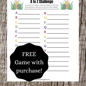 May include: A printable Easter game with a black and white design. The game is called "A to Z Challenge" and instructs players to write down something Easter-related next to each letter of the alphabet. The game is free with purchase.
