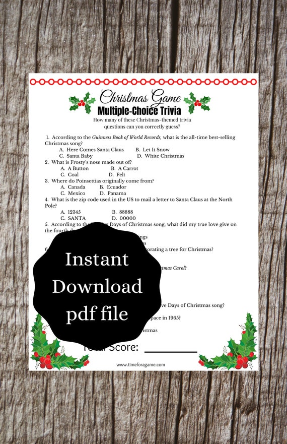 Christmas Multiple Choice Trivia Family Party Game | Christmas Printable  Games | Christmas Adult Kids Party Games