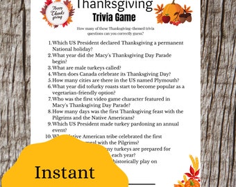 May include: Thanksgiving trivia game printable with a festive design. The game includes trivia questions about the holiday, with a decorative border of fall leaves, pumpkins, and a "Happy Thanksgiving" logo. The words "Instant Download pdf file" are also visible.
