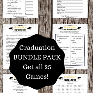 25 GRADUATION Graduate Games Bundle Party Pack Unique Grad Party Games Class of 2023 Party Game Cap and Gown Design image 2