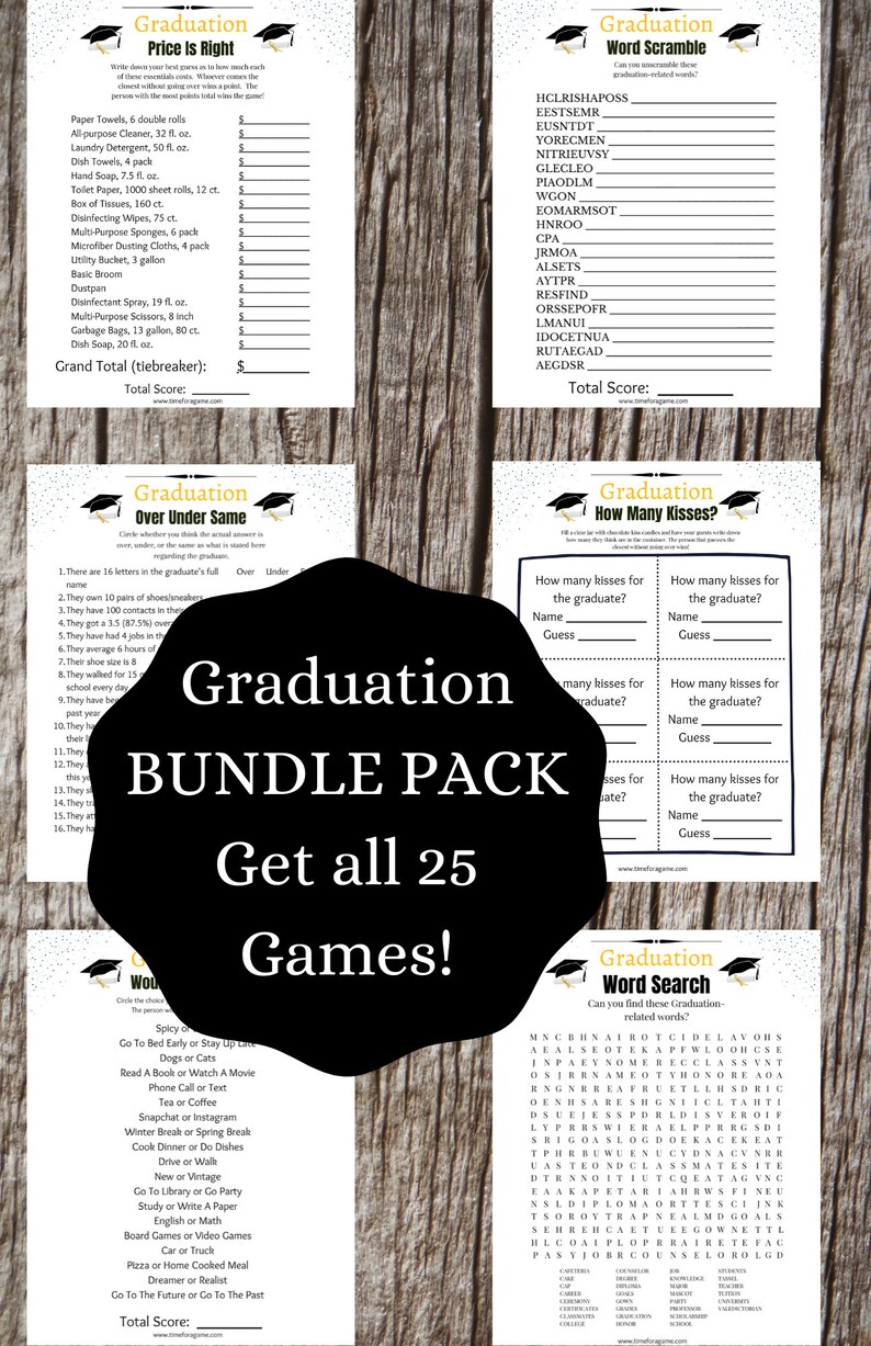 25 GRADUATION Graduate Games Bundle Party Pack Unique Grad Party Games Class of 2023 Party Game Cap and Gown Design image 2