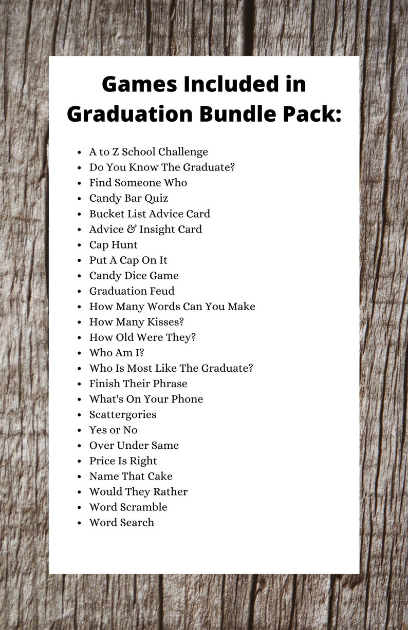 25 GRADUATION Graduate Games Bundle Party Pack Unique Grad Party Games Class of 2023 Party Game Cap and Gown Design image 4