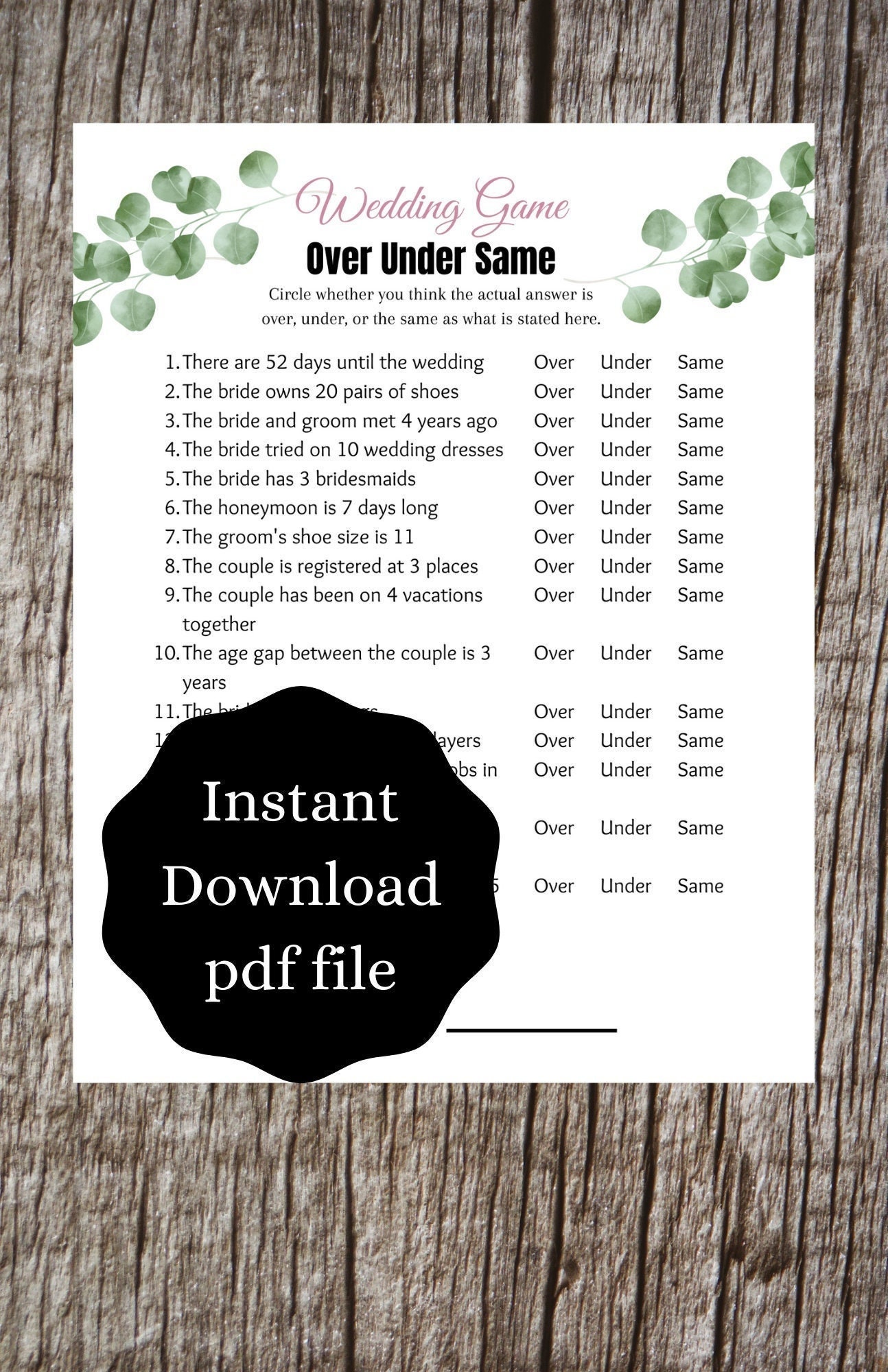 over under same bridal shower game unique bridal shower etsy