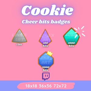 Puede incluir: Un gráfico rosa con la palabra "Cookie" y "Cheer bits badges" en blanco. Presenta cuatro insignias con forma de gema con el texto "Lina's Art" y el número de bits que representa cada insignia: 1, 100, 1000 y 5000. La imagen también incluye el logotipo de Twitch y las dimensiones.