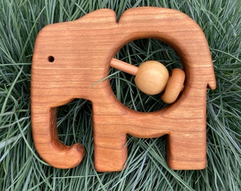 Baby Rattle Elephant, Wood Rattle - Meets CPSC Requirements