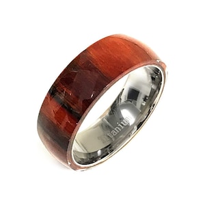 Custom Personalized Engraved 6mm Titanium With Pure Light Brown Cherry Koa Wood Domed Top Wedding Band Engagement Ring For Men Or Ladies