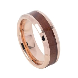 Custom Personalized Engraved 8mm Tungsten Carbide Gold IP Plated with Hawaiian Koa Wood Inlay Wedding Band Engagement Ring For Men Or Ladies