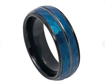 Tungsten Mens Wedding Band Black w/ Blue Hammered Center Black Groove 8mm Tungsten Carbide Ring