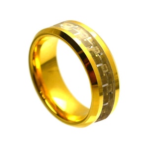 Custom Personalized Engraved 8mm Tungsten Carbide Gold Plated With Yellow Carbon Fiber Inlay Wedding Band Engagement Ring For Men Or Ladies