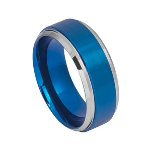 For Him & Her 8MM/6MM Tungsten Carbide Step Edge Blue IP Plating Brushed Finish Wedding Band Ring Set