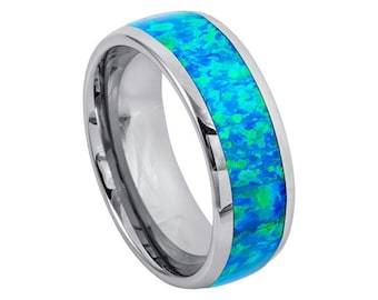 Anello nuziale in tungsteno con intarsio in opale blu-verde, anello di promessa da 8 mm