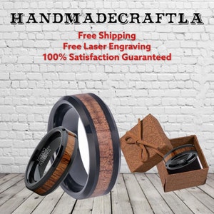 Custom Personalized Engraved 8mm Tungsten Carbide Black Hawiian KOA WOOD INLAY Anniversary Wedding Band Engagement Ring For Men Or Ladies