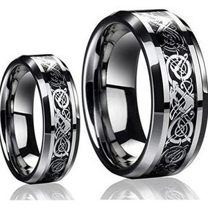 Custom Personalized Engraved Tungsten Carbide His  Her's Dragon Celtic Inlay Edge Wedding Band Engagement Couple's Ring Set For Men & Ladies