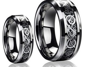 Custom Personalized Engraved Tungsten Carbide His  Her's Dragon Celtic Inlay Edge Wedding Band Engagement Couple's Ring Set For Men & Ladies
