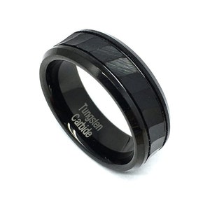 Custom Personalized Engraved 8mm Tungsten Carbide Black IP Beveled Brushed Hammered Center Wedding Band Engagement Ring For Men Or Ladies