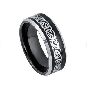 Custom Personalized Engraved 8MM Tungsten Carbide Black Silver Dragon Inlay Beveled Edge Wedding Band Engagement Ring For Men Or Ladies