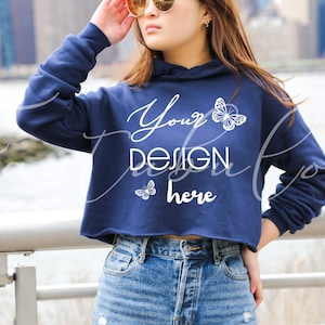 BELLA CANVAS 7502 Cropped Navy Hoodie Mock, B7502 Ladies Long Sleeve Fleece Hooded Sweatshirt Mockup, City Background Apparel Photo Mockups