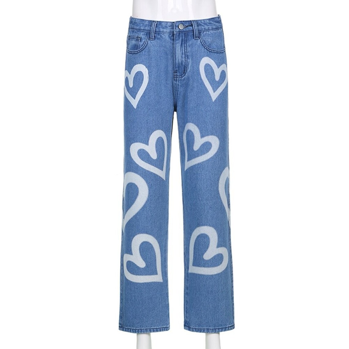 Heart Print Y2k Denim Pants Baggy Heart Print Straight Jeans Etsy