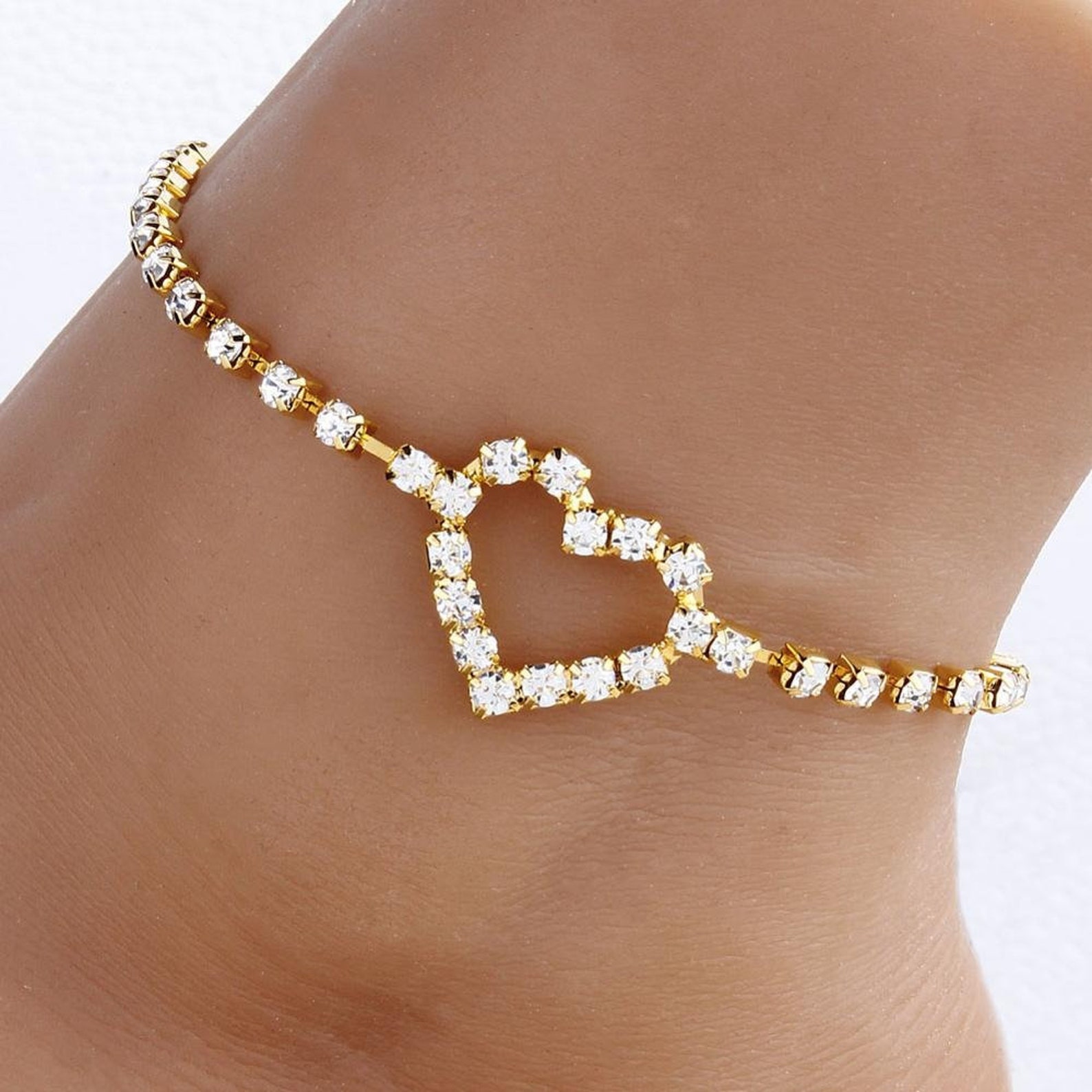 Heart Anklet Heart Ankle Bracelet Heart Crystal Anklet Etsy