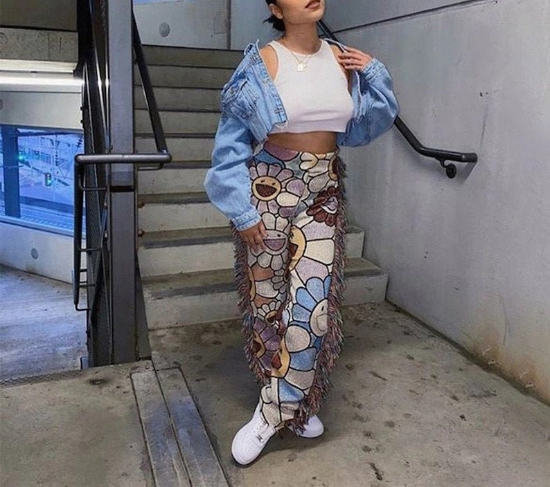 Flower Print Tassel Pants Takashi Murakami Flower Pants Etsy