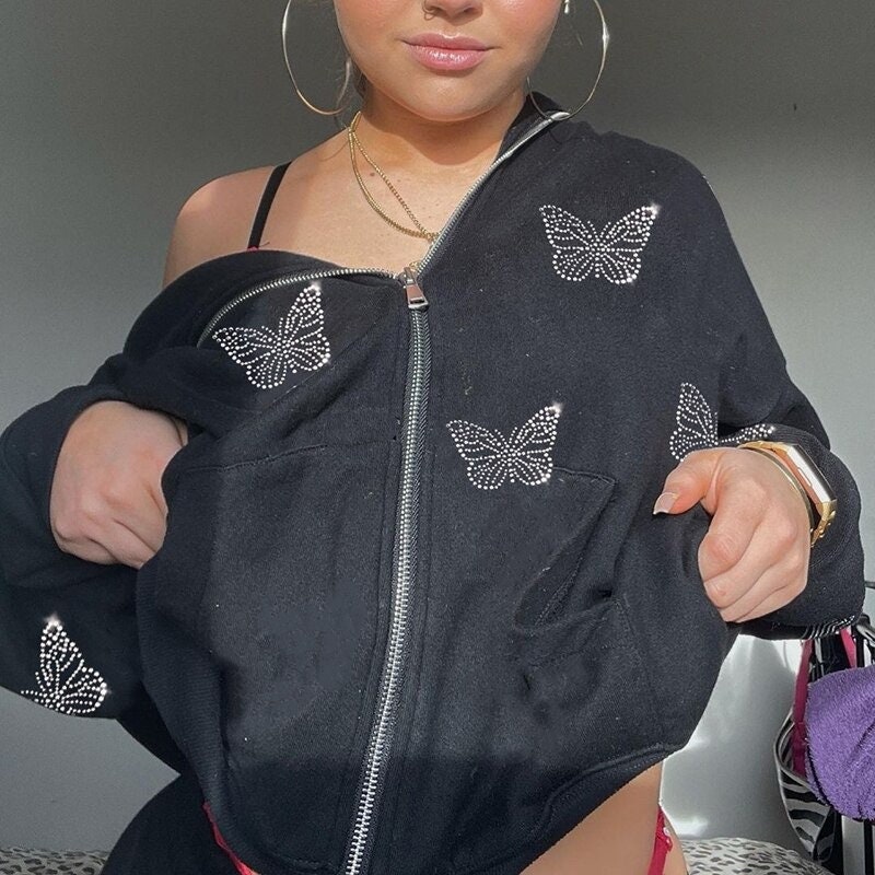Oversized Y2k Butterfly Rhinestone Jacket Y2k Zip Up Hoodie Etsy