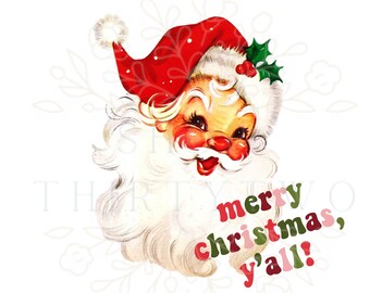 Vintage Santa Merry Christmas Y’all - PNG - Retro Santa, Classic Santa, Colorful Merry Christmas