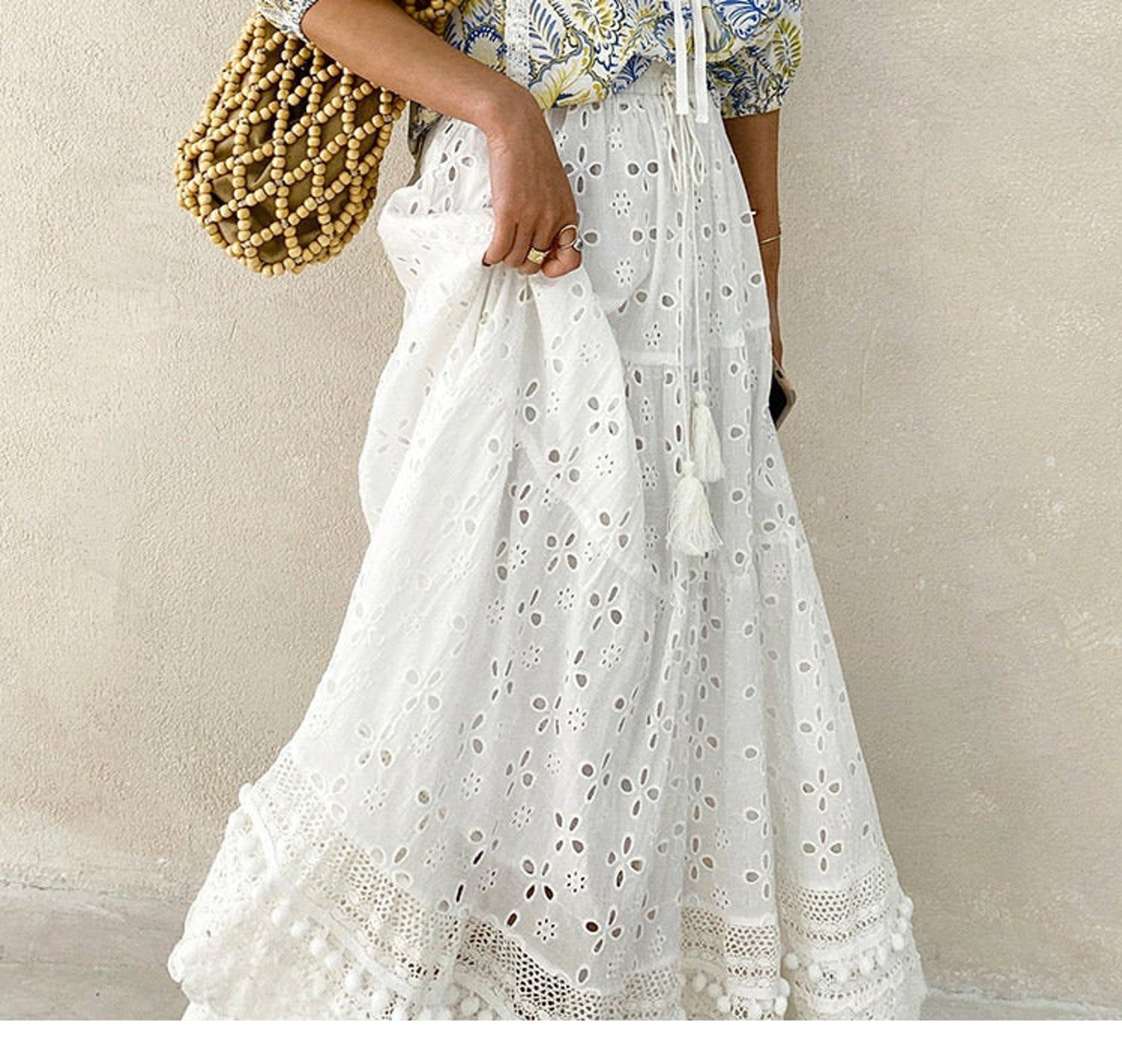 100 Cotton Skirt White Skirt Bohemian Long Skirt Knitted Etsy