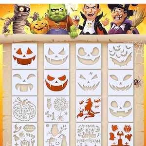 16 plantillas de plantillas de Halloween, manualidades de dibujo de plástico reutilizables, caras de calabaza