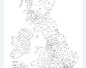 Uk Postcode Map Black And White Uk Map For Colouring | Etsy