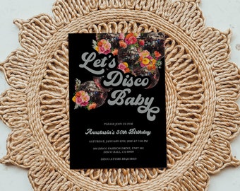 Retro Disco Birthday Invitation, Floral Disco Ball (Digital Download)