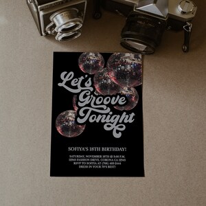 lets groove invitation. disco ball invite, groovy invitation, disco ball invitation. groove invite.