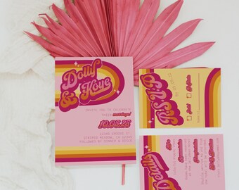 May include: Pink and yellow wedding invitation with a retro design. The invitation says "Invite you to celebrate their marriage!" with the date "10.05.25" and the address "12345 Groove St., Striped Meadow, CA 12345, followed by dinner & disco".