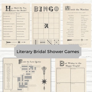 Book Bridal Shower Games / Match the Couples from Literature / Literary Bridal Shower Games Bundle / Love Quotes Crossword Instant Download