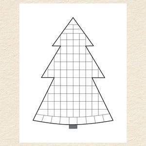 May include: A black and white outline of a Christmas tree with a grid pattern. The tree has a rounded base and is divided into sections.