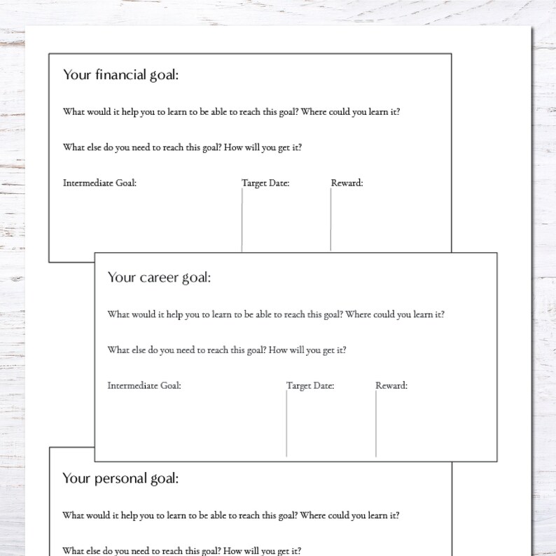 Details on your financial goal, career goal, and personal goal.