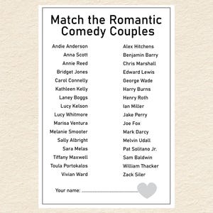 Romantic Comedy Couples Matching Game for Bridal Showers / Instant Download / Bridal Shower PDF