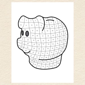 May include: A black and white line drawing of a piggy bank with numbers 1 through 100 in each square of the grid.