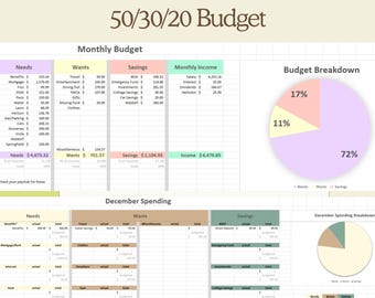 50/30/20 Budget Spreadsheet: Monthly Expense Tracker (Excel Template)