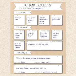 May include: A printable chore chart with a beige background and white boxes. The chart is titled "Chore Quests" and lists daily and weekly chores for the week of November 1. The chart also includes two side quests with due dates and rewards.